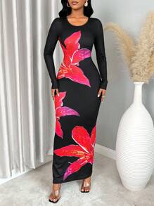 VaVaBold Elegant Flower Print Slim Fit Dress, Spring & Autumn