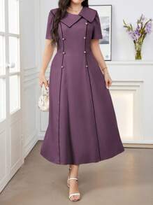 Modelyn Đầm dạ hội dài thanh lịch có cổ áo bất đối xứng tay bèo nhún cỡ lớn cho nữ - Bụi tím - Xem 2