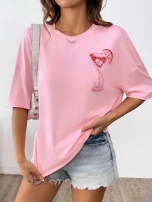 Breezaya 女式夏季标语饮料印花宽松休闲圆领落肩 T 恤 - 粉色 - 查看 5