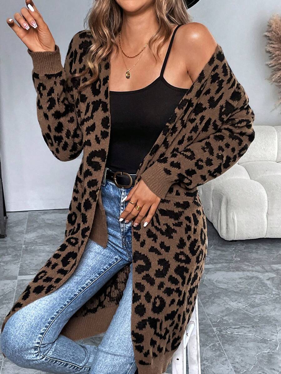 EMERY ROSE Women's Long Sleeve Casual Leopard Print Long Cardigan Sweater, Autumn & Winter,Long Sleeve Tops Fall Cloth For Women - Brown - View 1