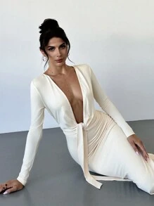 Firerie 女士春秋深 V 领纯色修身连衣裙 - 杏色 - 查看 3