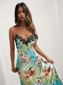 COSMINA Women's Floral Print Contrast Lace Elegant Cami Party Gala Cocktail Dress