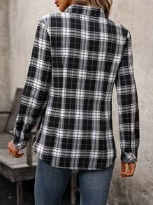 EMERY ROSE Camicia casual a quadri con scollo a V e maniche lunghe per donne, primavera estate - Bianco e nero - Visualizzare 2