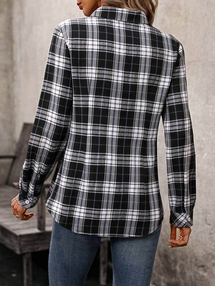 Women's Spring Summer V-Neck Long Sleeve Casual Plaid Shirt Women Blouses Fall Women Shirts Teacher Shirts