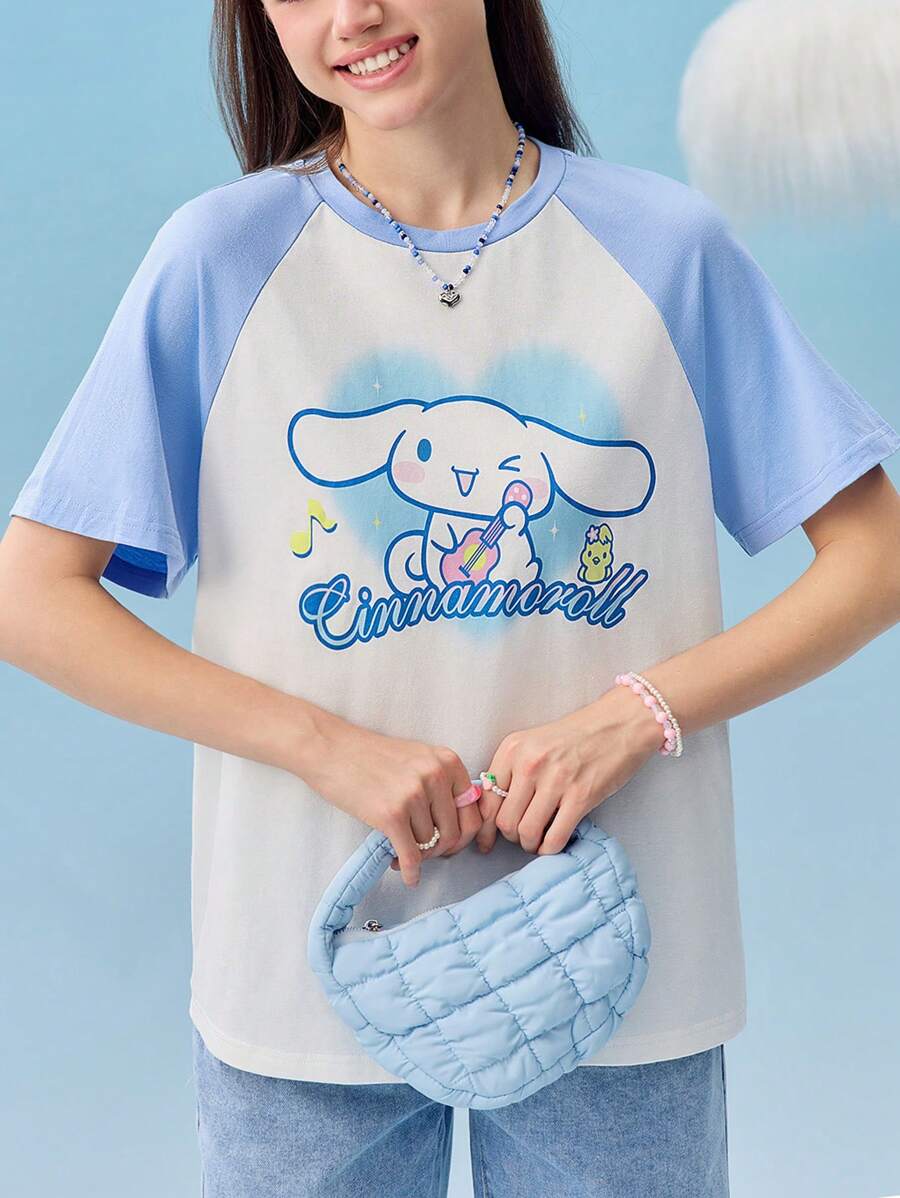 HELLO KITTY AND FRIENDS | SHEIN 女式白色可爱休闲卡通肉桂卷和字母印花圆领插肩 T 恤，秋季服装