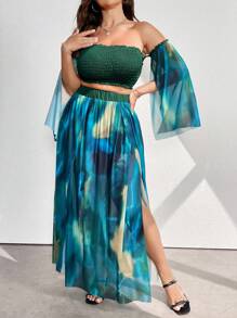 SHEIN Clasi 2pcs Plus Size Women's Chiffon Blouse And Skirt Set - Multicolor - View 1