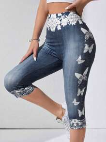 SHEIN LUNE 女士花卉和蝴蝶印花牛仔效果 3/4 休闲紧身裤 - 彩色 - 查看 1