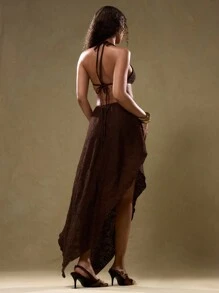 MUSERA Textured Cut Out Dress Elegant Spring Summer Vacation Party - Brown - View 2