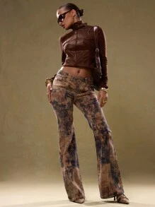 MUSERA PU Leather Vintage Look High Neck Paneled PU Jacket - Khaki - View 4