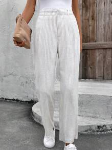 SHEIN LUNE Office Lady Linen Beige Striped Women Business Casual Trousers - Apricot - View 2