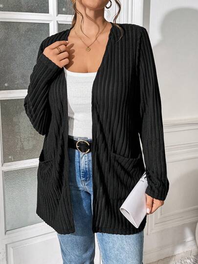 SHEIN Essnce 大码女装秋季新款时尚秋季女装女士开衫商务女装机场女装秋装秋季夹克长袖女士工作服商务女装休闲通勤优雅提花面料 2 个口袋长袖开衫薄款黑色夹克秋季女士夹克