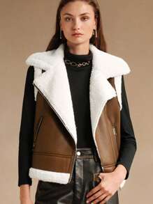 Anewsta Casual Fluffy Trim Vest Jacket, Versatile For Fall/Winter - Brown - View 1