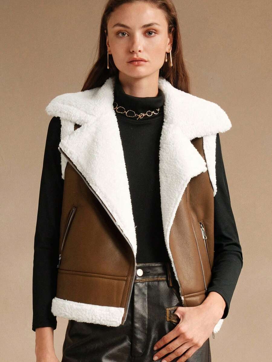 Anewsta Casual Fluffy Trim Vest Jacket, Versatile For Fall/Winter - Brown - View 1