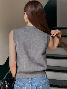 Dazy-Less Damska jednokolorowa kamizelka bez rękawów z dzianiny z guzikami z przodu, codzienna odzież na co dzień, styl Old Money, jesienne ubrania, biznesowe, codzienne ubrania damskie do pracy - Szary - Zobacz 3