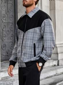 Manfinity RelaxMax Chaqueta casual con cremallera de manga larga a cuadros para hombre, primavera/otoño