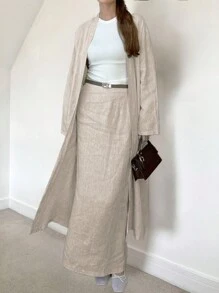 SHEIN Essnce 2 件套：女士亚麻色长款开衫和直筒长裙，秋季新品