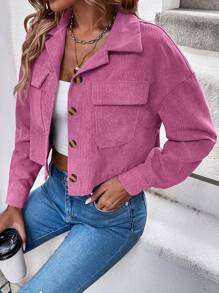 SHEIN LUNE Solid Color Casual Crop Jacket, Spring/Fall - Hot Pink - View 4
