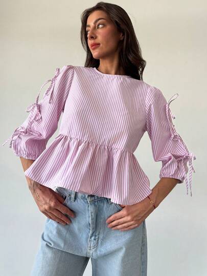 Aloruh 简约通勤度假圆领短袖蝴蝶结条纹女式衬衫，粉色，七分袖上衣