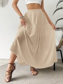 SHEIN VCAY Women's Solid Color Skirt, Casual Vacation Style - Khaki - View 3