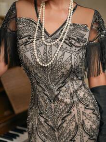 LVNES 1920s Women's Short Sleeves V Neck Flapper Dress, 20s Sequin Dresses, Great Gatsby Cocktail Party Women's Fancy Dress Costume Dress Wedding Guest Dress