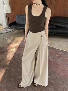 SHEIN Unity Stylish Wrap Style Slant Placket Wide Leg Pants - Khaki - View 3