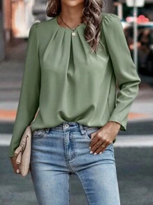 EMERY ROSE 纯色圆领休闲长袖梭织衬衫 - 軍綠色 - 查看 4