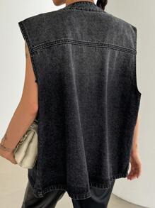 Dazy Star 女士休闲宽松牛仔背心，单排扣设计，春秋 - 灰色 - 查看 5