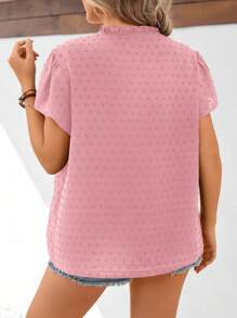 SHEIN LUNE Plus Swiss Dot Notched Neck Blouse - Coral Pink - View 2