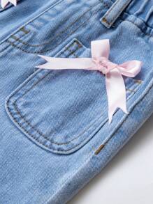 Infant Girls' Simple Versatile Pink Bowknot Washed Light Blue Denim Wide Leg Pants - Light Wash - View 3