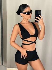SHEIN ICON 2pcs Summer Sexy Backless Tie Camisole And Plain Low-Waist Shorts Set