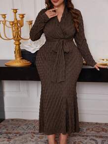 Modelyn Plus Size Solid Color Long Sleeve Simple Elegant Casual Dress, Elegant Fitted Maxi Long Dresses, For Evening Party/Wedding Guest/Anniversary Long Evening Dresses