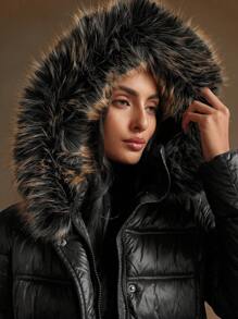 Anewsta Women's Fur Collar Thickened Mid-Length Padded Coat, Fall/Winter - Black - View 4