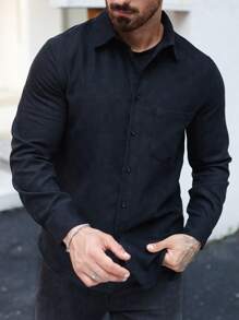 Manfinity Homme Men's Casual Solid Color Shacket, Spring & Autumn - Black - View 5