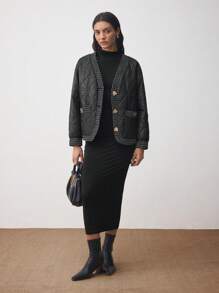 BizChic Abrigo acolchado sobretallado de pana negra, uso casual elegante para mujer, apropiado para vacaciones, Acción de Gracias, Año Nuevo - Negro - Ver 5