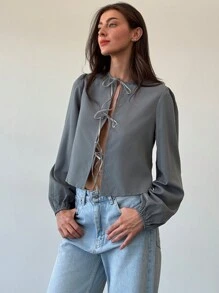 Aloruh Elegant Gray Tie Front Lantern Sleeve Cropped Fitted Women Shirt For Commuting - Grey - View 3