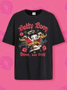 Betty Boop x SHEIN Women Black Casual Cartoon Characters And Letters Printed Drop Shoulder Loose T-Shirt Fall Clothes Fall Shirts - Black - View 1