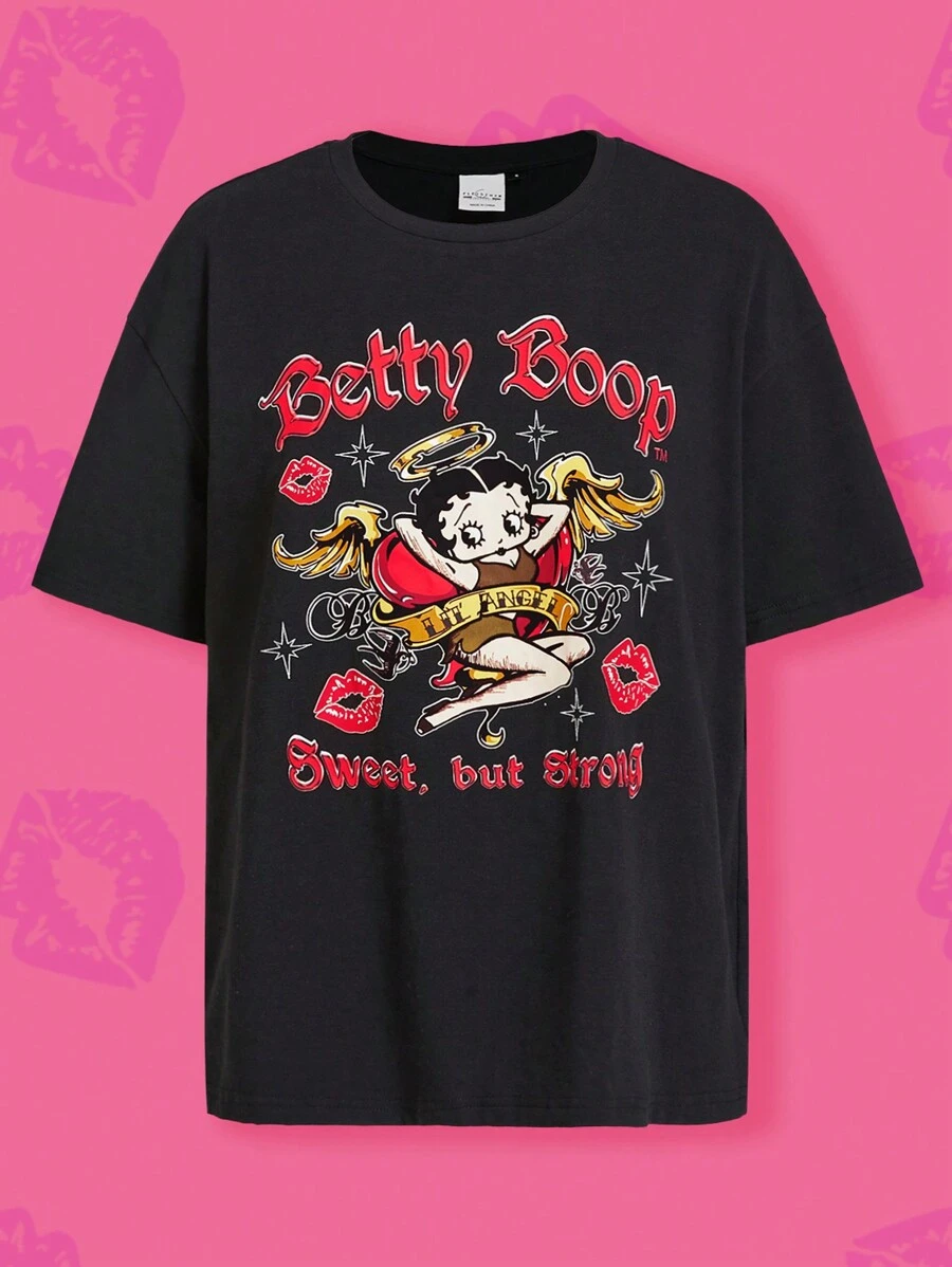 Betty Boop x SHEIN Women Black Casual Cartoon Characters And Letters Printed Drop Shoulder Loose T-Shirt Fall Clothes Fall Shirts - Black - View 1
