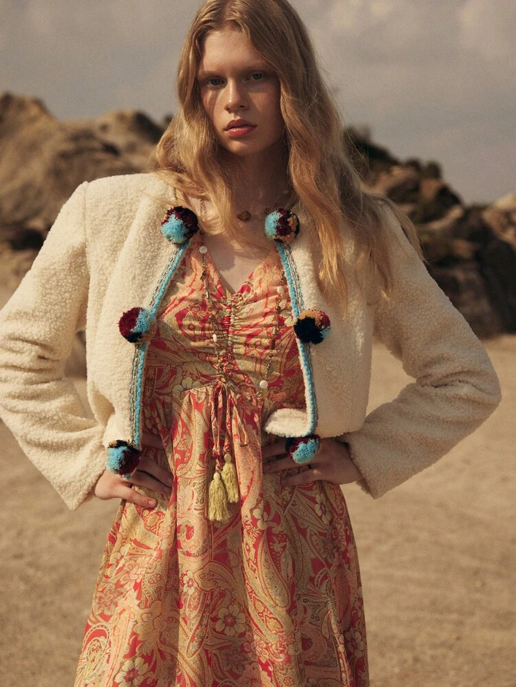 SHEIN Maija 여성용 레트로 스타일 프린트 브이넥 긴팔 드레스 웨스턴 드레스