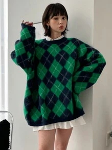 DAZY Women's Casual Loose Diamond Pattern Drop Shoulder Knit Sweater, Spring/Fall - Green - View 8