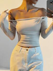 SHEIN EZwear بلوزة بياقة على الكتف، كم طويل، ملفوفة، مضبوطة، أنيقة، أنيقة وحلوة للنساء - أبيض - مشاهدة 6