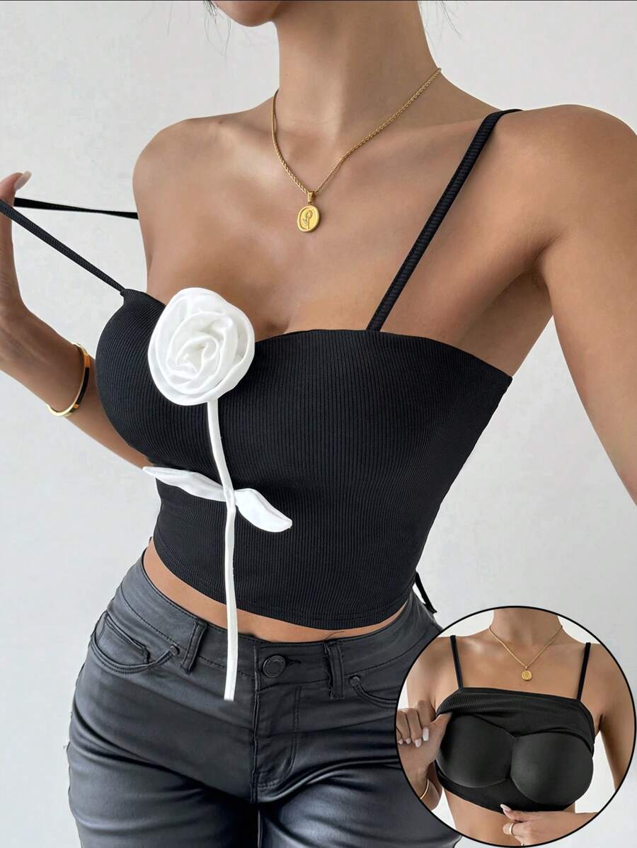 Zolique 女士优雅派对 3D 花卉设计吊带背心，带胸部衬里，黑色 - 黑色 - 查看 1