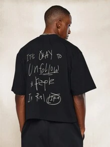 SUMWON Crop Fit Short Sleeve Tee With Text Graphic Print - Black - View 1