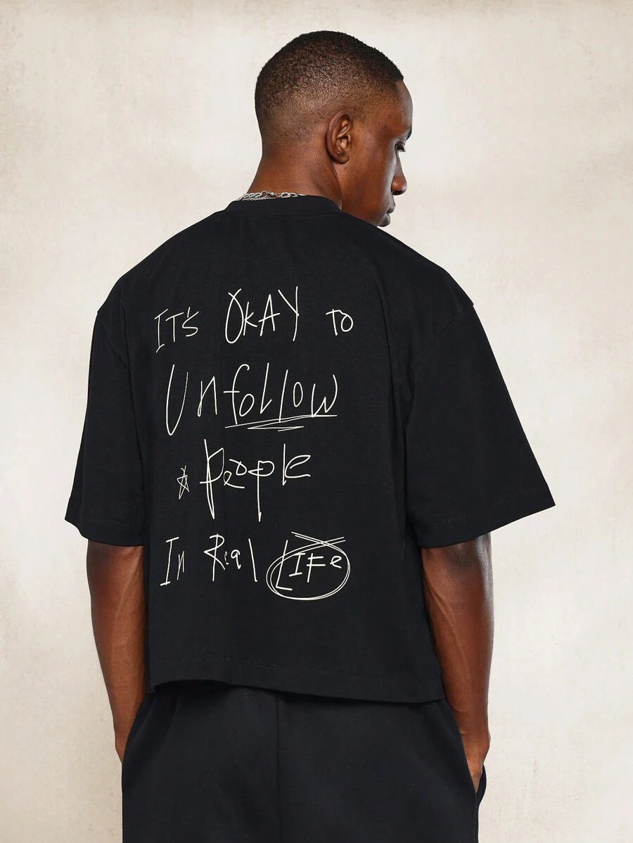 SUMWON Crop Fit Short Sleeve Tee With Text Graphic Print - Black - View 1