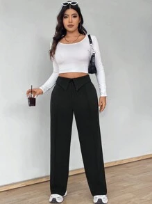 Celure Plus Size Versatile Solid Color Fold-Over Waistband Tapered Pants - Black - View 4