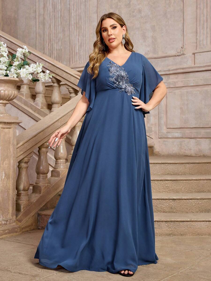 SHEIN Belle Women's Elegant Tile Blue Chiffon Fabric Overlap V-Neck 3D Applique Decoration Waist Asymmetric Ruffle Sleeves A-Line Dress Suitable For Wedding Events Formal Plus Size Bridesmaid Dresses - Blue - View 1