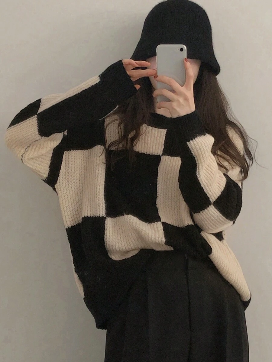 DAZY 女士圆领长袖格子简约毛衣，休闲日常，冬装，秋装 - 黑色 - 查看 1