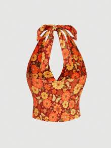 SHEIN MOD Top tipo tank con cuello halter, de talla grande, con estampado floral retro hippie, parches de encaje - Multicolor - Ver 2