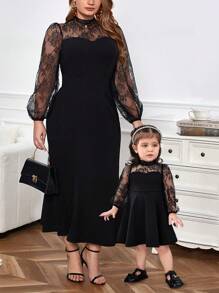 Baby Girl Mommy And Me Matching Outfits, Cute & Elegant Knit Contrast Lace Mesh Long Sleeve Black Dress, Separate (2pcs)