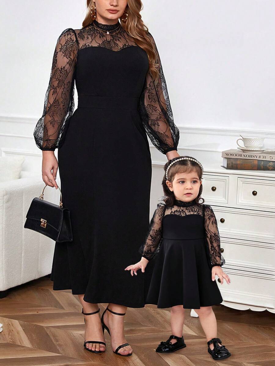 Baby Girl Mommy And Me Matching Outfits, Cute & Elegant Knit Contrast Lace Mesh Long Sleeve Black Dress, Separate (2pcs)