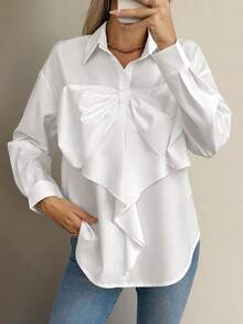 Chiquease 女士纯色衬衫领前纽扣长袖蝴蝶结装饰休闲衬衫